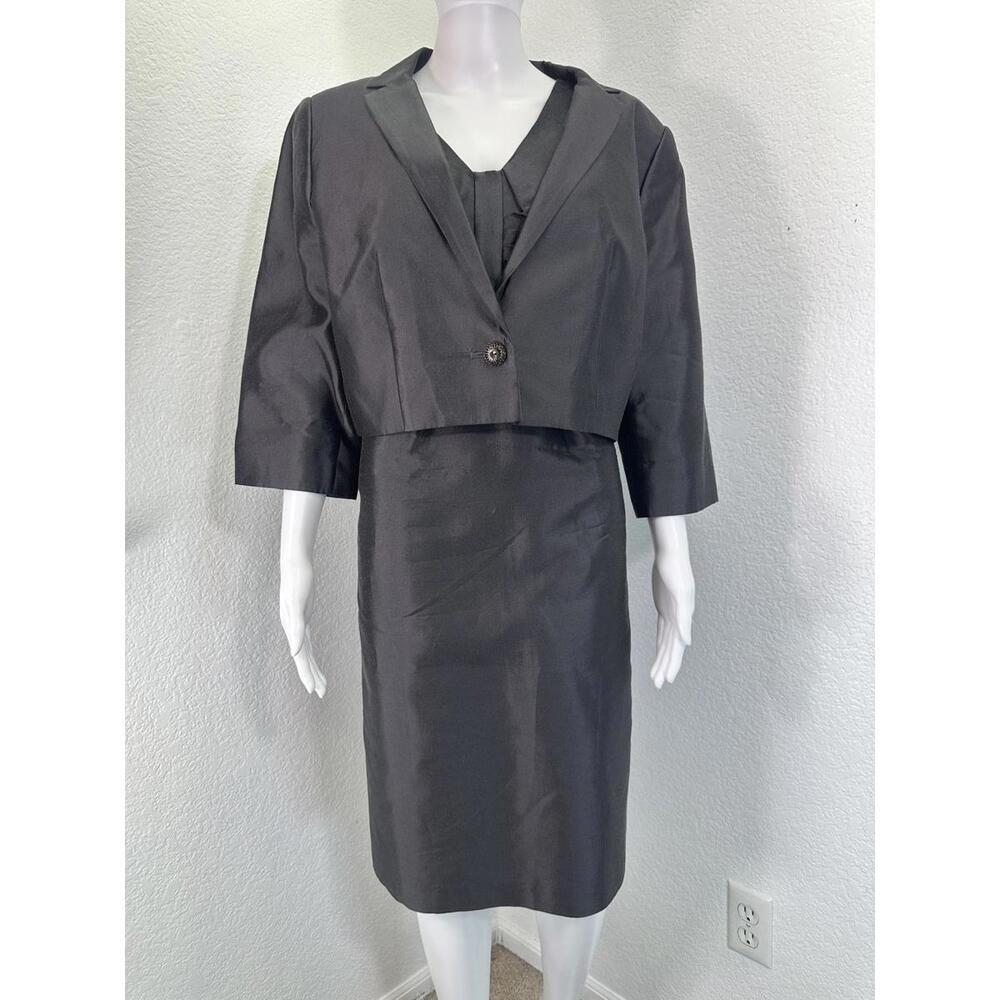 Women’s Sz 16 Silk Gunmetal Gray 2 Piece Jacket Dress Satin Knee Length Formal